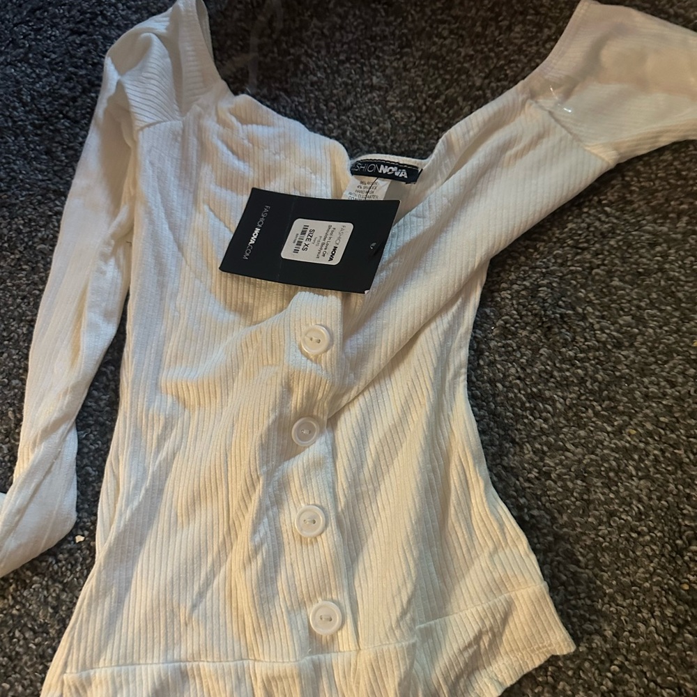 Fashion Nova Cream Ribbed Button-Up Bodysuit